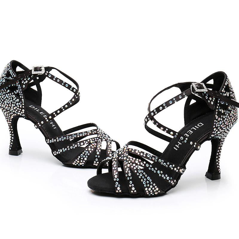 Women's Black Customized Heel Strappy Dance Shoes With Crystals