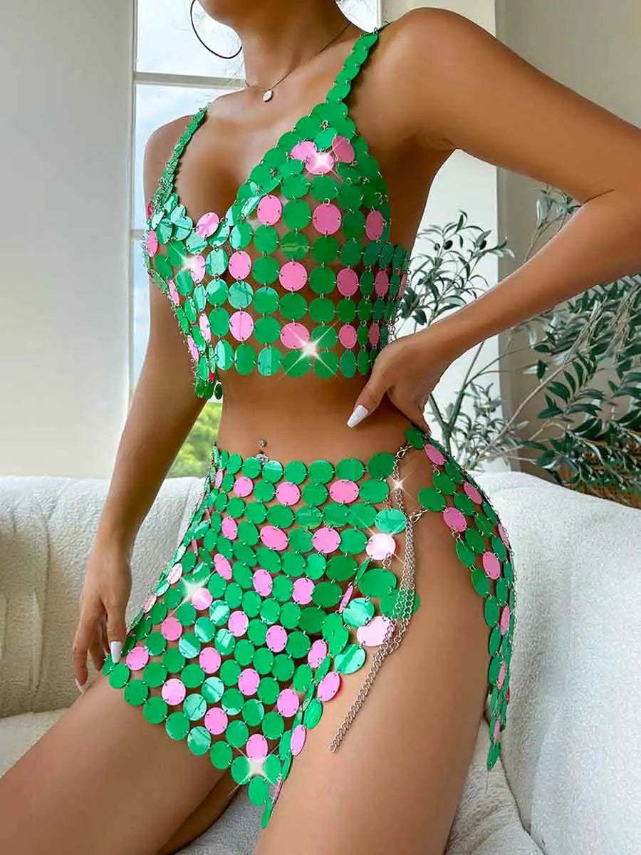 Women Sparkly Sequin Mini Skirt Green Disco Bra Top Set