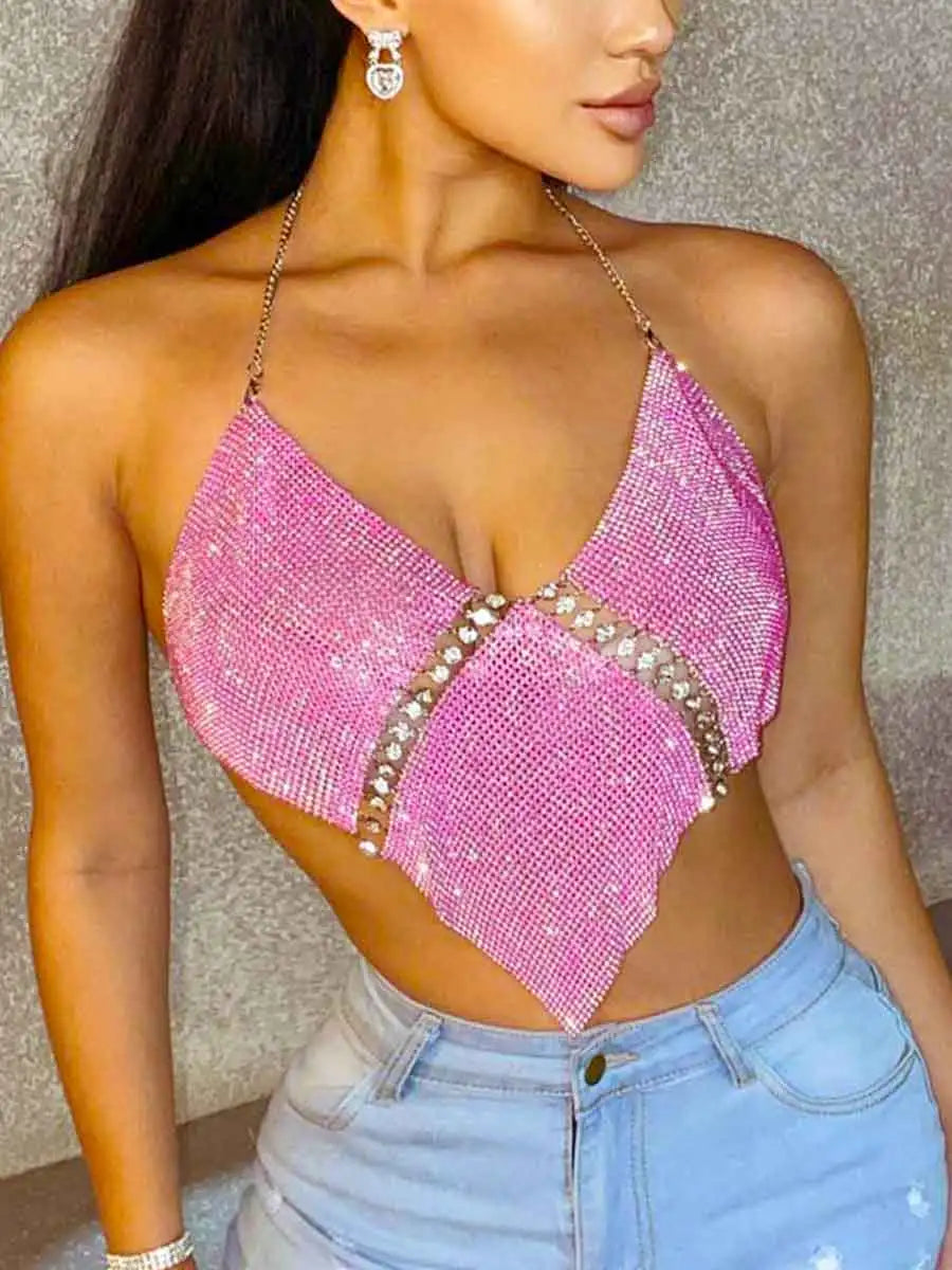 Women Sparkly Sequin Tank Top Pink Bra Tops