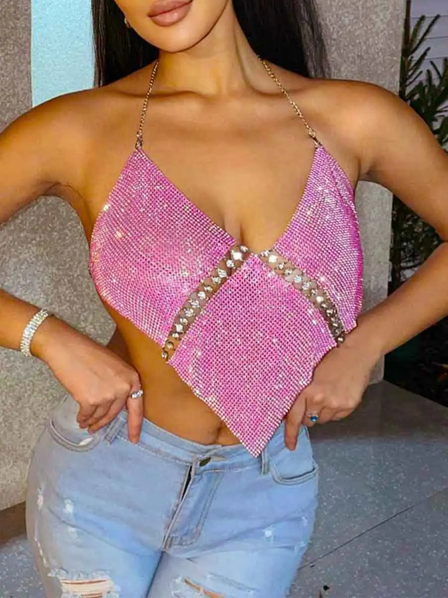 Women Sparkly Sequin Tank Top Pink Bra Tops