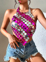 Women's Disco Silver Pink Sequin Bra Top