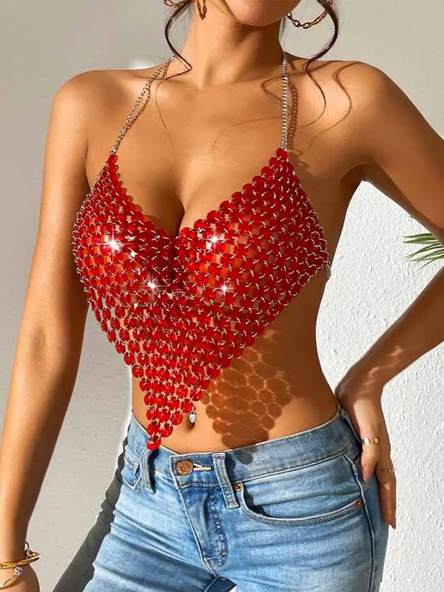 Women's Disco Red Sequin Halter Bra Top