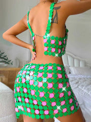 Women Sparkly Sequin Mini Skirt Green Disco Bra Top Set