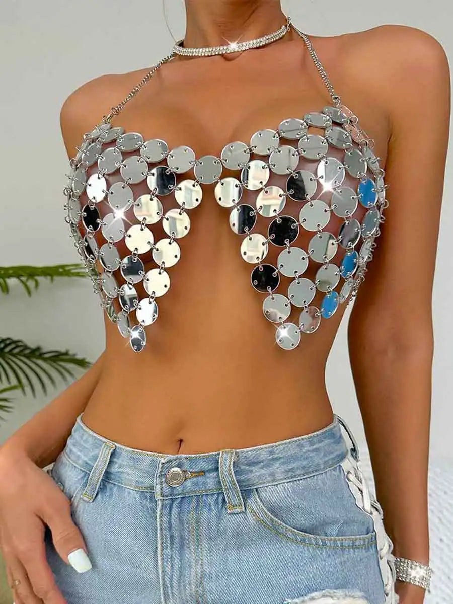 Disco Silver Top - Large Round Silver Sequin Tank Top