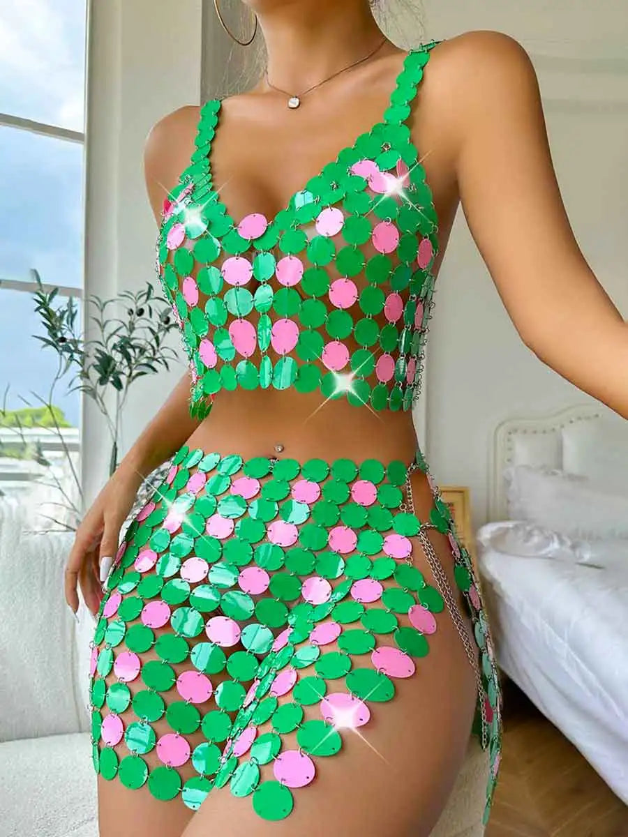 Women Sparkly Sequin Mini Skirt Green Disco Bra Top Set
