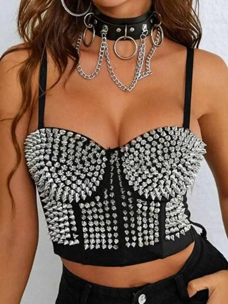 Women's Black Punk Style Rhinestone Corset Bustier Top