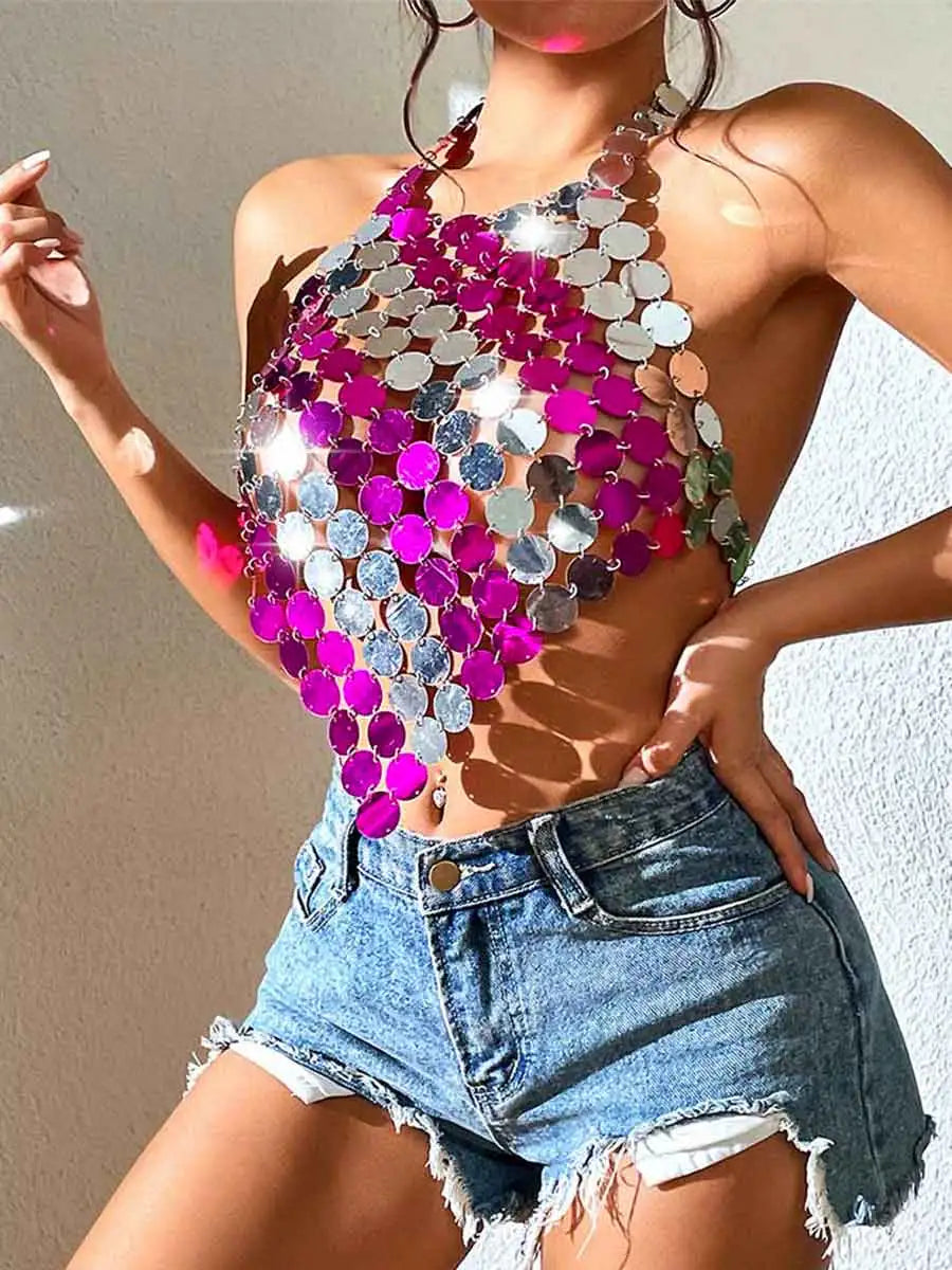 Women's Disco Silver Pink Sequin Bra Top