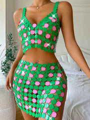 Women Sparkly Sequin Mini Skirt Green Disco Bra Top Set