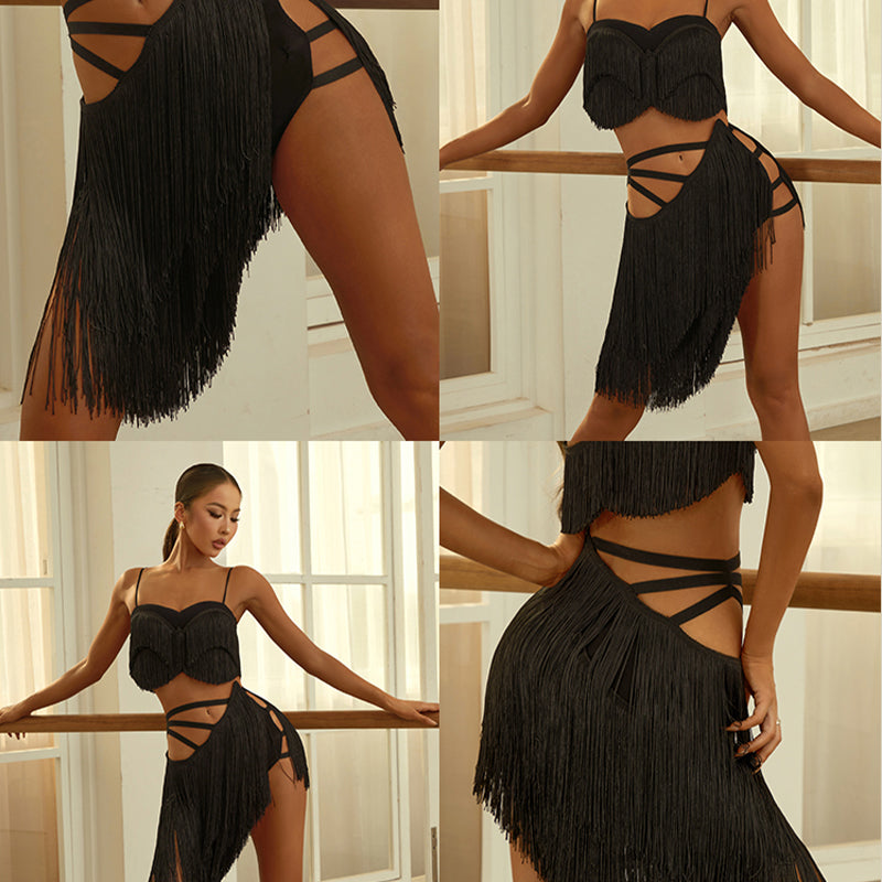 Women's Black Tassel Dance Srt Training Performance Dancewear