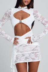 Lace Patchwork Long Sleeve Cross Strap Cutout Mini Dresses-White Pre Order