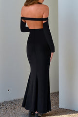 Cutout Off Shoulder Long Sleeve Backless Fitted Fishtail Maxi Dresses-Black