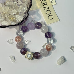Mixed Purple Crystal Beaded Bracelet, Handmade Natural Stone Bracelet with Zircon Sun Charm
