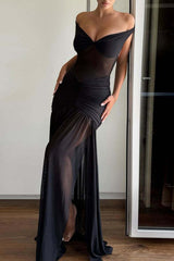 Off Shoulder See-Through Mesh Ruched Split Maxi Dresses-Black