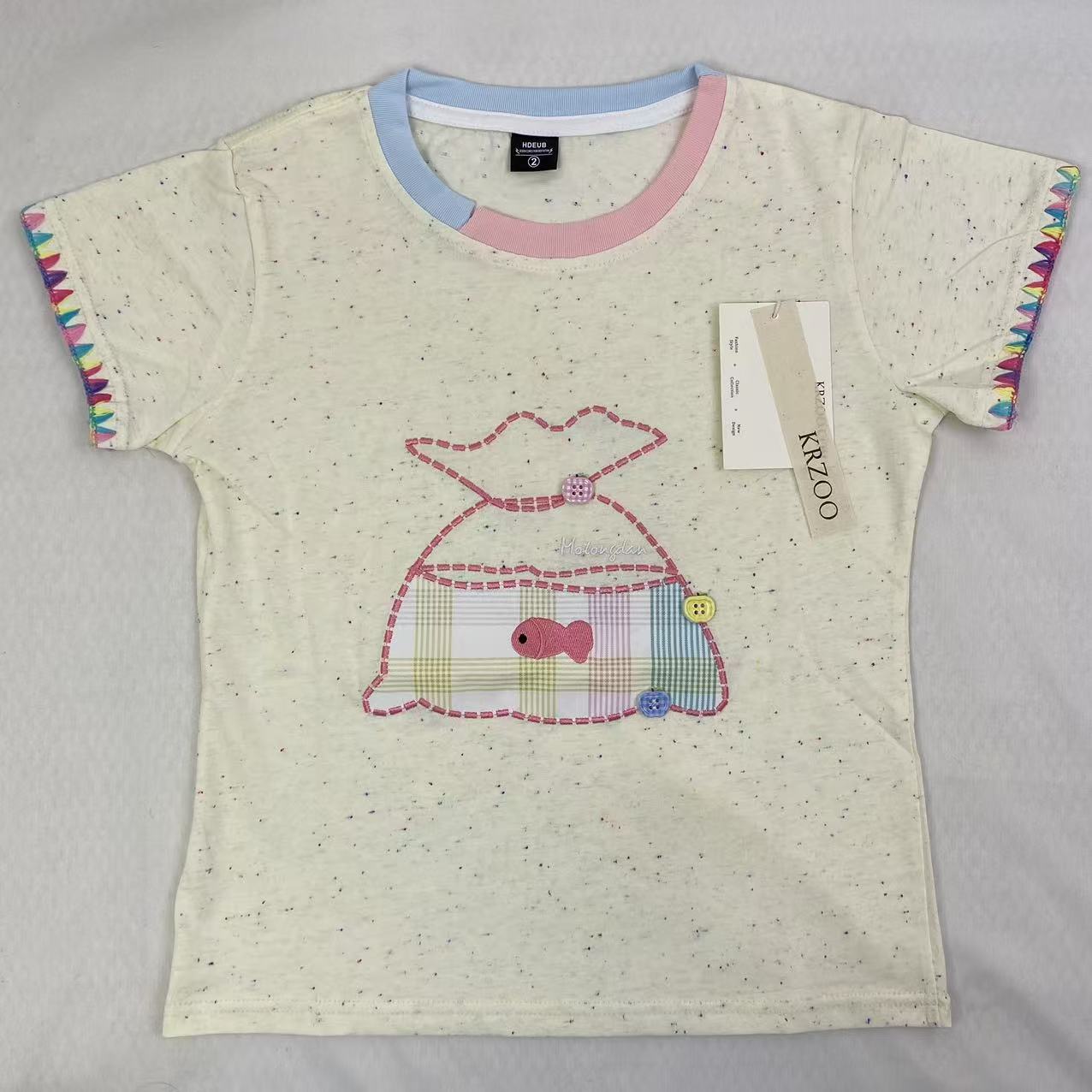 Rainbow Button Embroidery Short Sleeve Shirt