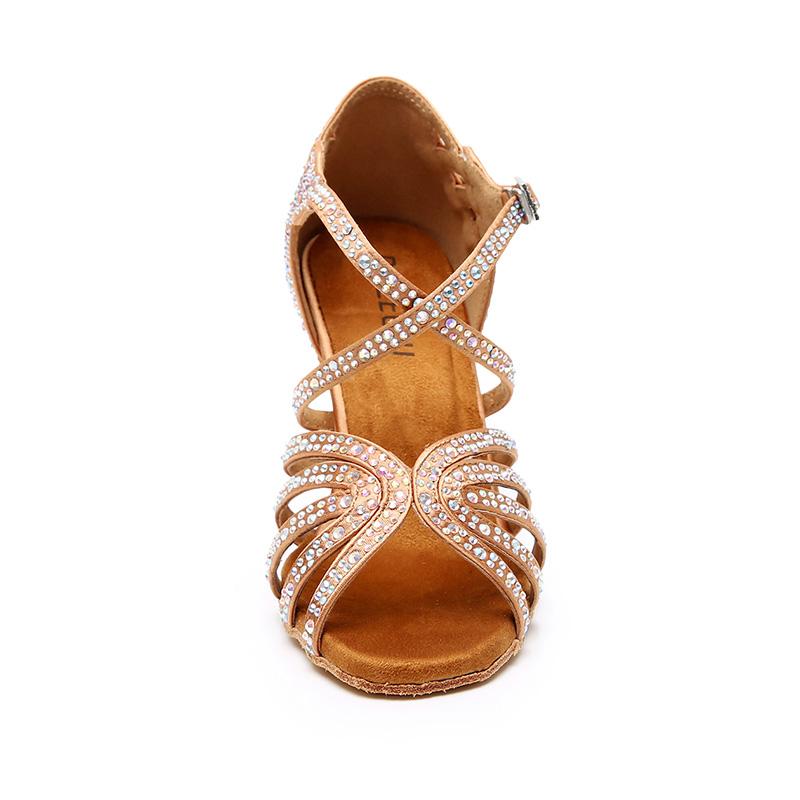 Women's Bronze Strappy Satin Rhinestones Customized Heel Dance Shoes