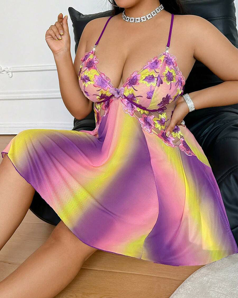 Plus Size Rainbow Ombre Camisole Nightgown â€?Backless & Floral Mesh Design