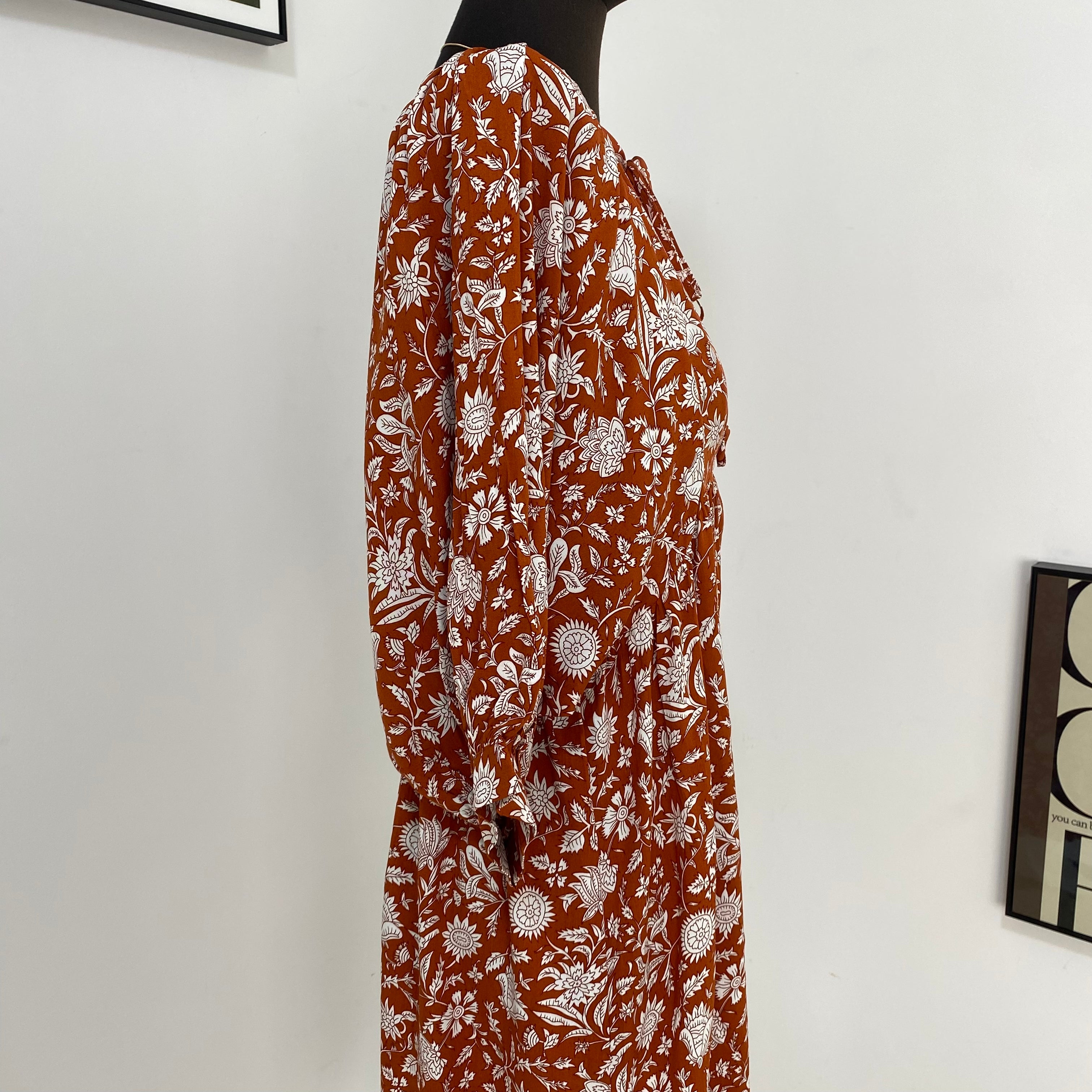 V-Neck Printed Lantern Sleeve Dress