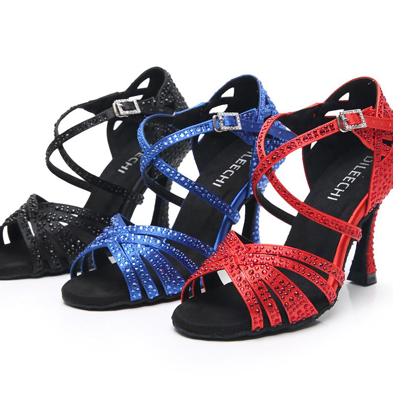 Women's Blue Customized Heel Strappy Dance Shoes With Crystals