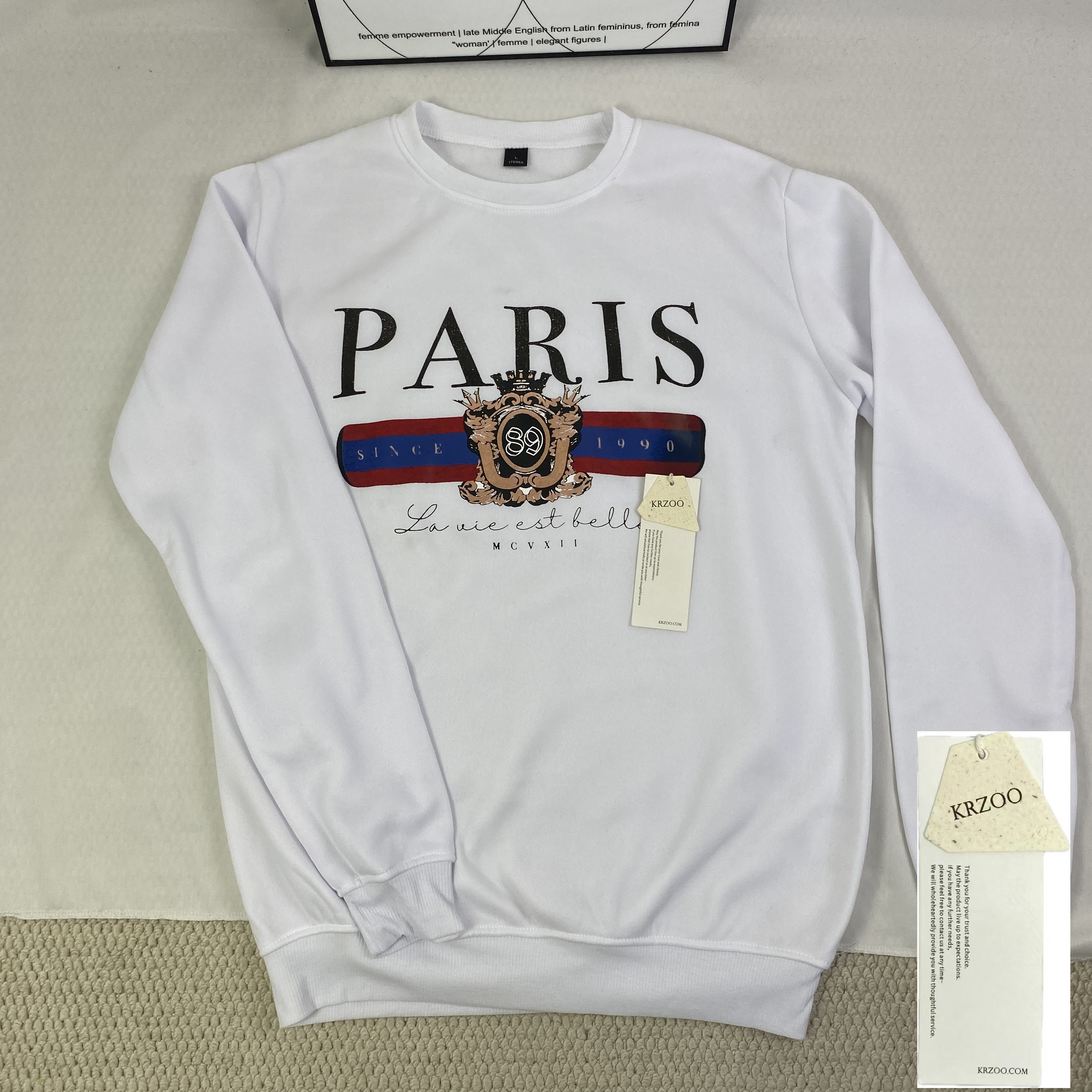 Round-neck long-sleeve printed fleece top