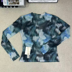 Printed round-neck mesh fitted t-shirt