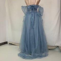 Smog Blue One-Shoulder Flowing Net Silk Evening Gown
