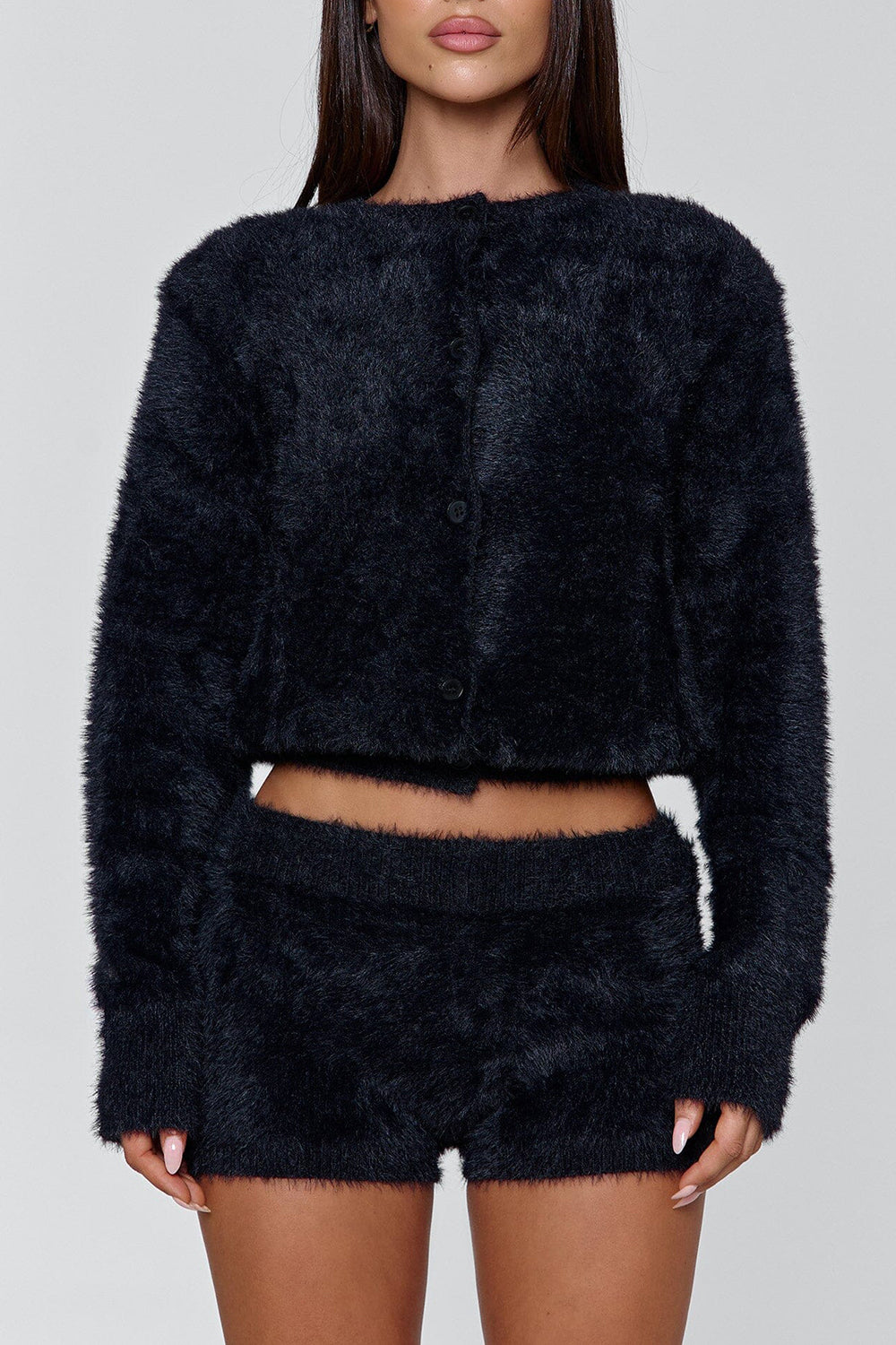 Button Up Long Sleeve Jacket Shorts Faux Fur 2pcs Set-Black Pre Order
