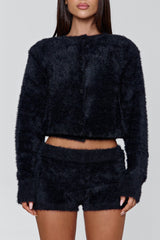 Button Up Long Sleeve Jacket Shorts Faux Fur 2pcs Set-Black Pre Order