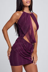 Pinstripe Cutout Halter Top Layered Mini Skirt 2pcs Set-Purple Pre Order