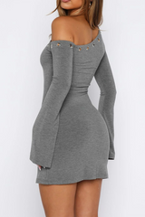 Eyelets Trim Skew Neck Flare Sleeve Plain Slim Fit Mini Dresses-Grey