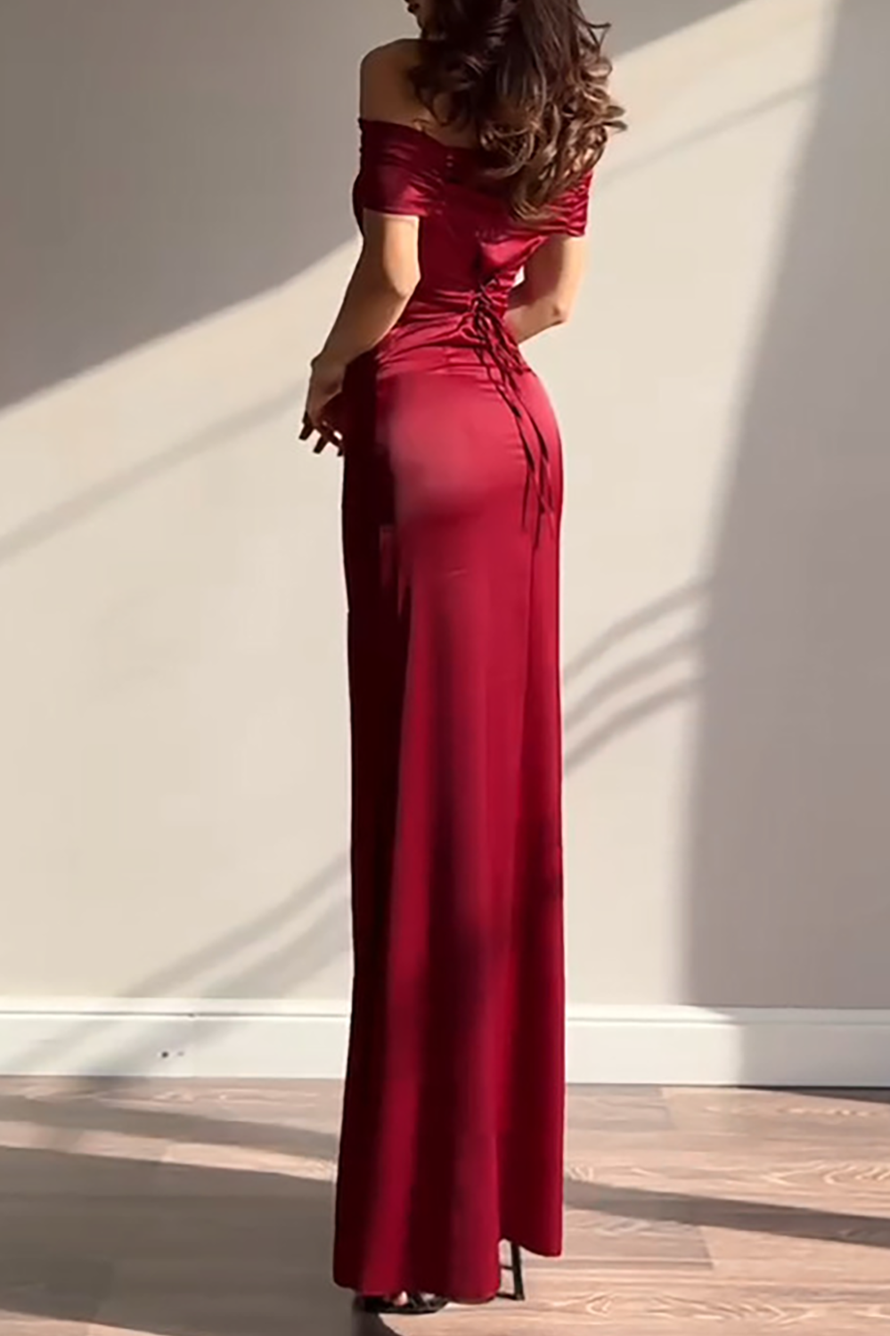 Ruched Off Shoulder Back Lace Up Cinch Waist Plain Gowns Maxi Dresses-Yellow