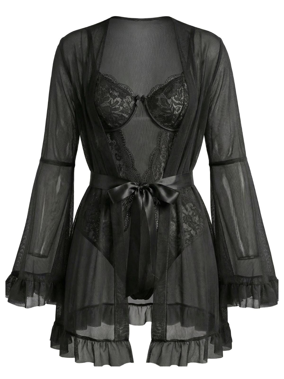 Red 1960s Solid Sheer Lace Patchwork Sleepwear Set