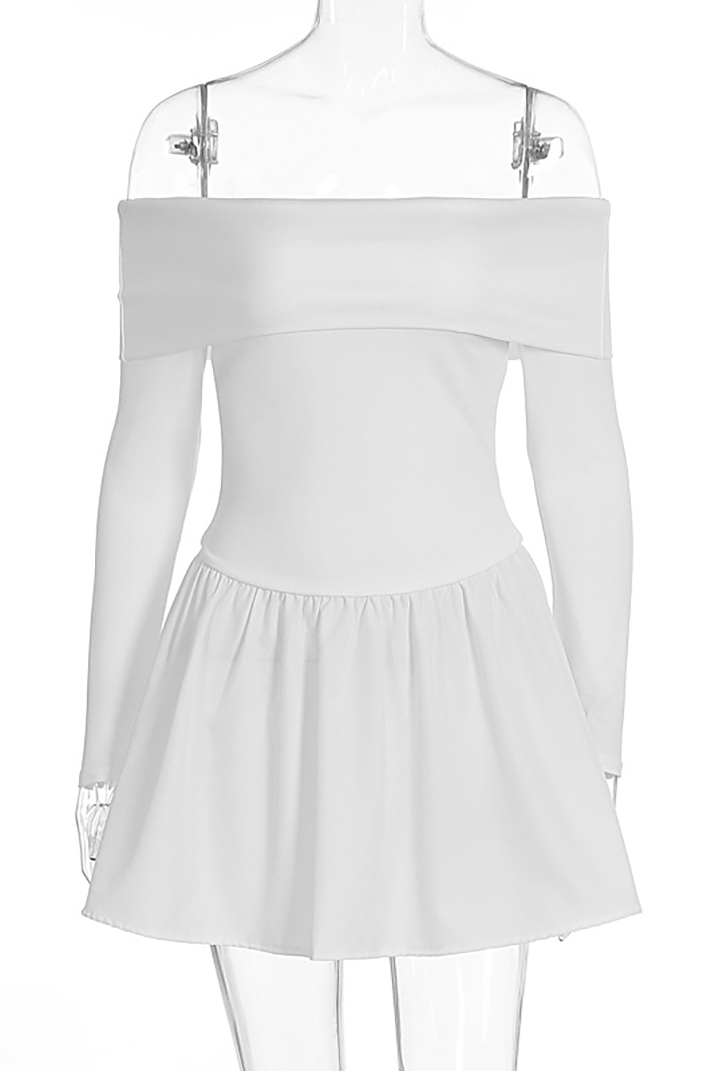 Off Shoulder Boat Neck Long Sleeve Cinch Waist Solid Color Mini Dresses-White