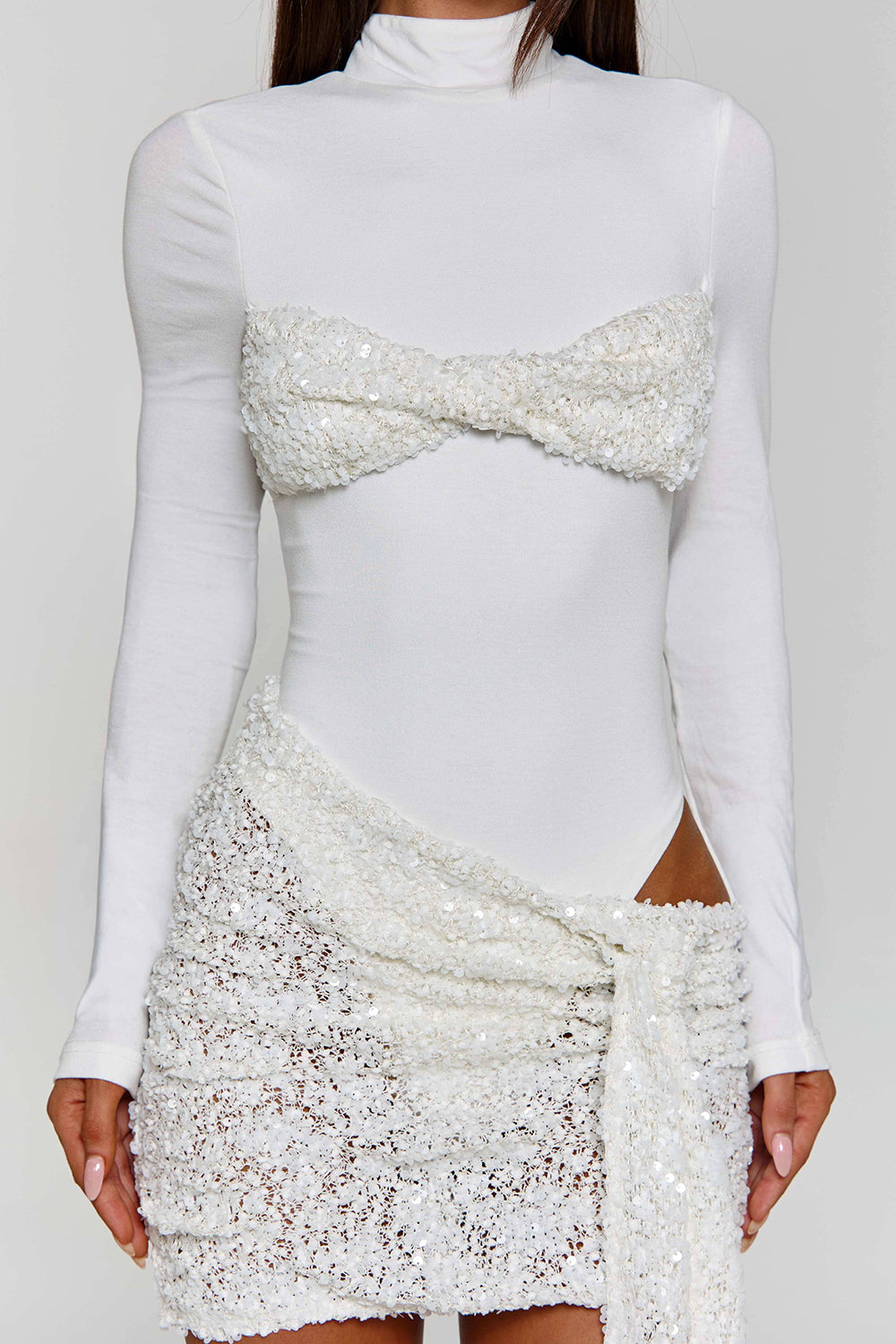 Mock Neck Bodysuit Sequin Sash Mini Skirt Party 2pcs Set-White Pre Order