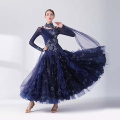 Women's Long Sleeve Navy Blue Lace Diamond WaltBallroom Dance Competition Modern Dance Large Swing Dress