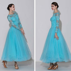 Women's Skyblue Round Neck Lace Modern Ballroom Dance Dress Swing Dress Training Performance Dress