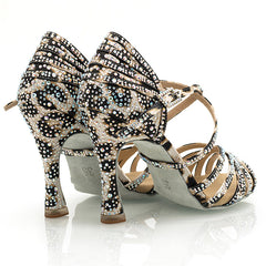 Women's Leopard 9cm Heel Strappy Satin Rhinestones Sandal Latin Dance Shoes
