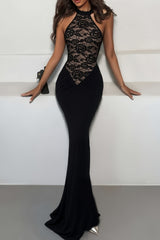 Lace Patchwork Halter Collar Backless Bodycon Party Maxi Dresses-Black