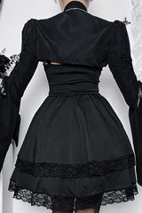 Tie Up Bell Sleeve Stand Collar Crop Top-Black