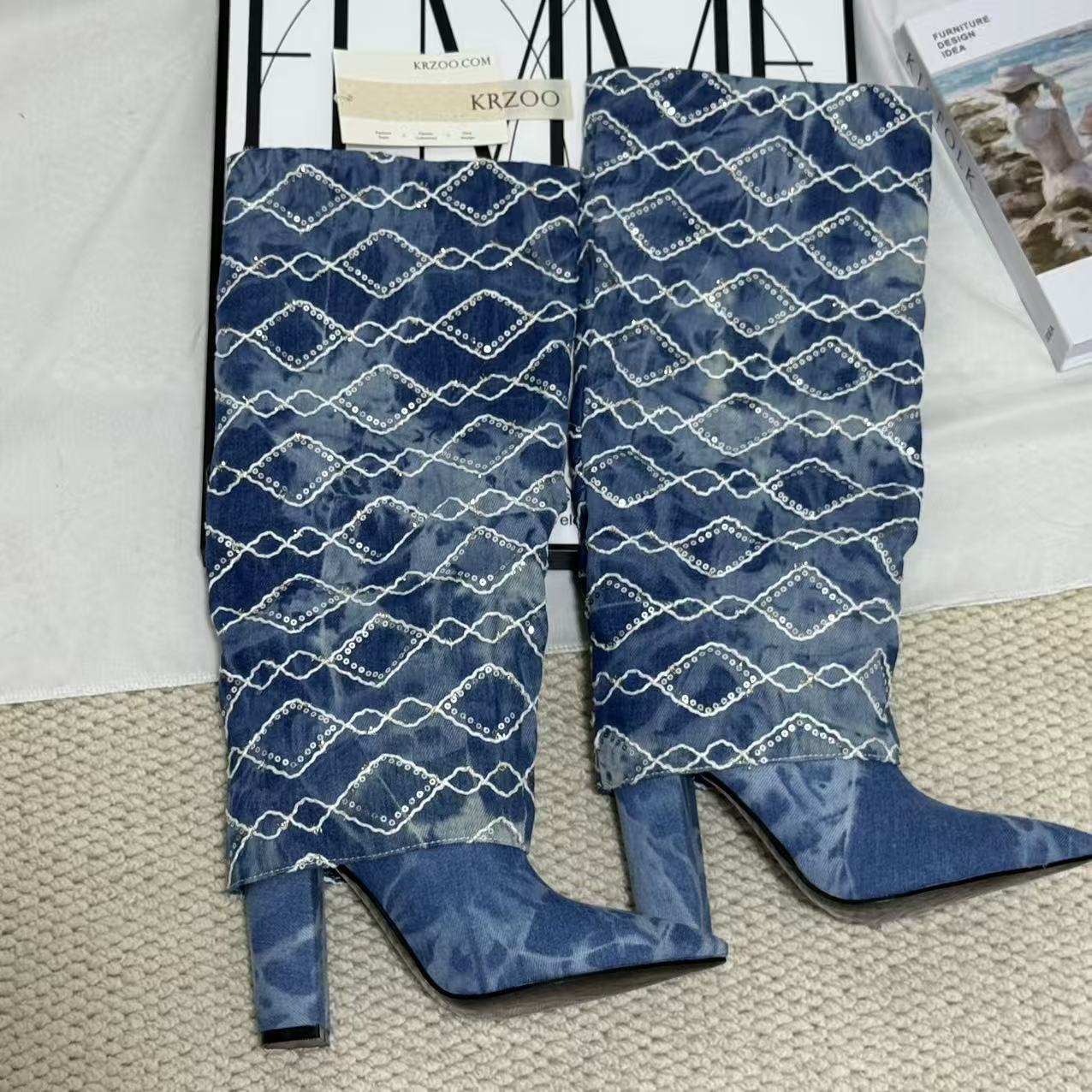 Dark Blue Chunky-Heel Cowboy Boots