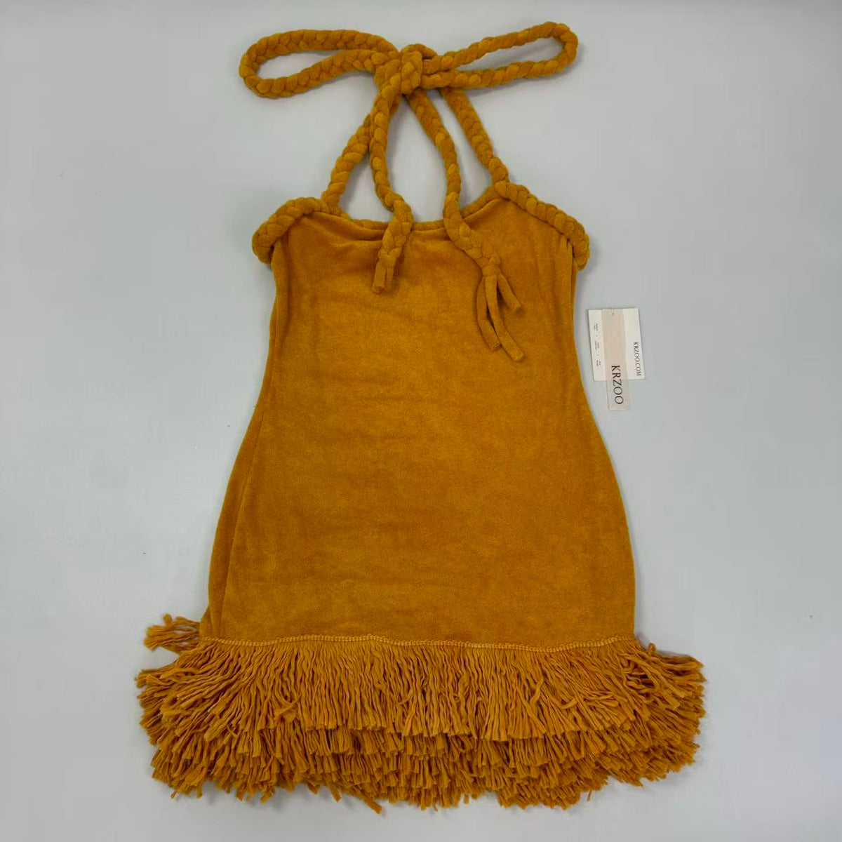 Woven twisted rope shoulder strap fringed dress