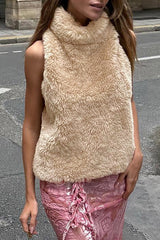Furry Turtleneck Sleeveless Solid Color Casual Vest-Beige