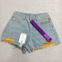 Striped holey denim shorts