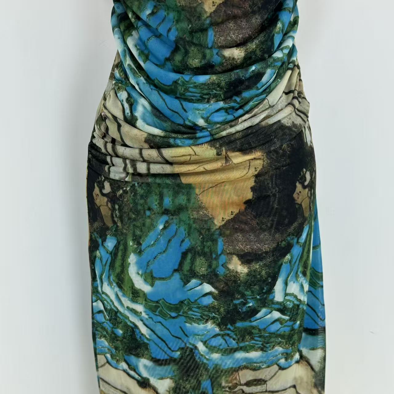 Printed silk net halter top dress
