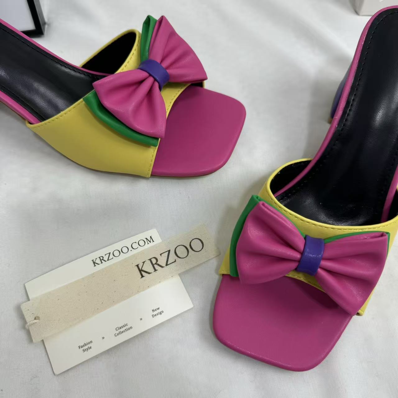 Square-Toe Mid-Heel Bow Slide Sandals