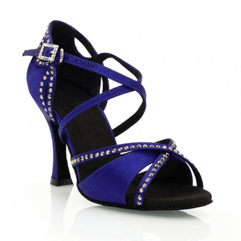 Women's Blue Customized Heel Open Toe Strappy Dance Shoes with Crystals