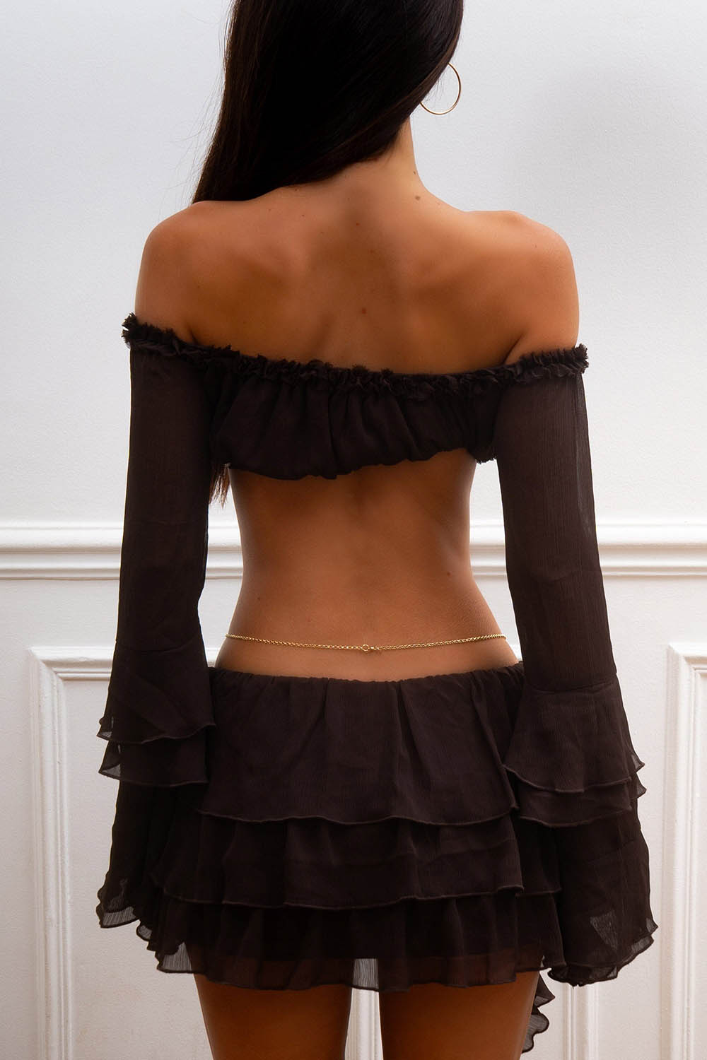 Off Shoulder Crop Top Ruffle Sash Mini Skirt 2pcs Set-Black Pre Order