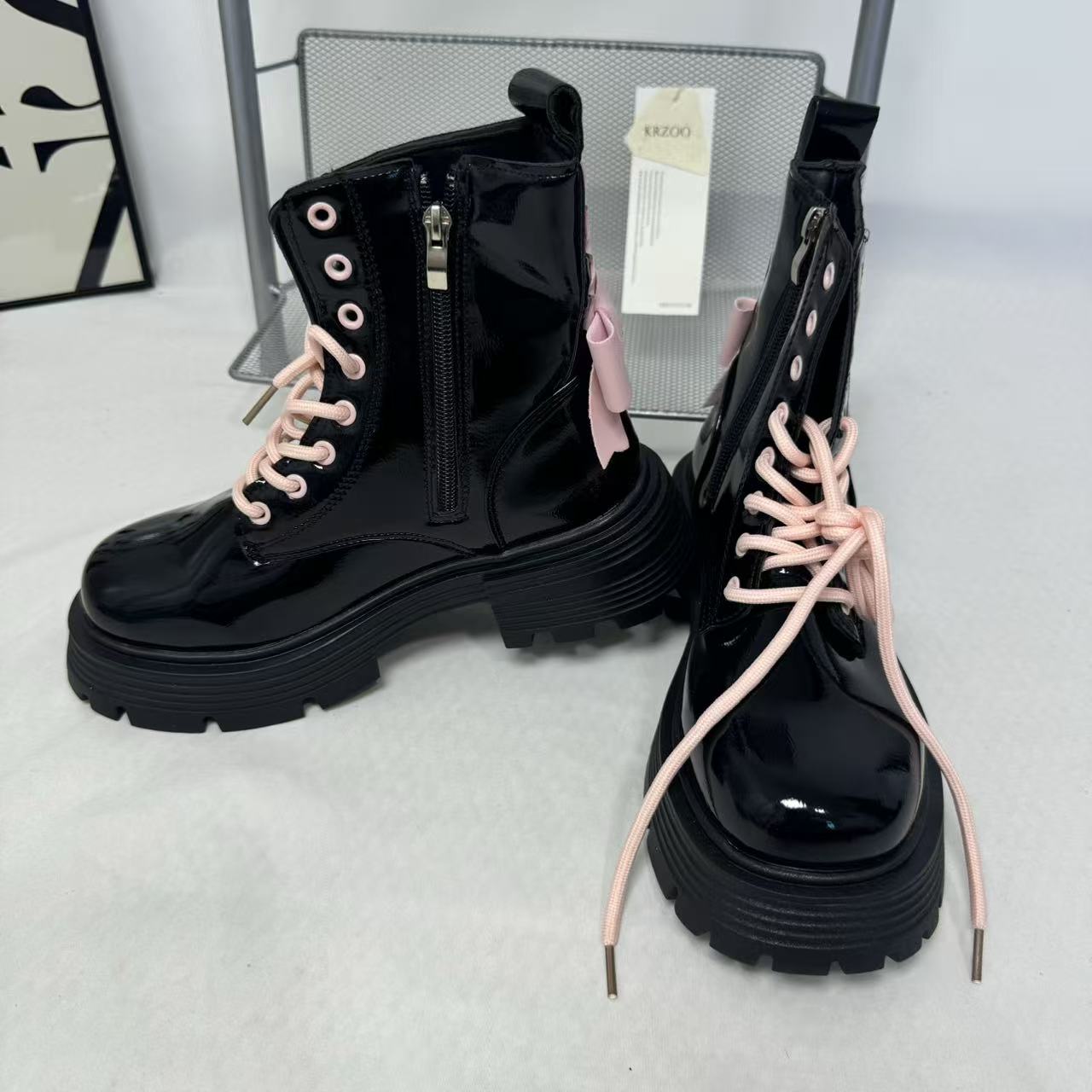 Pink bow leather boots