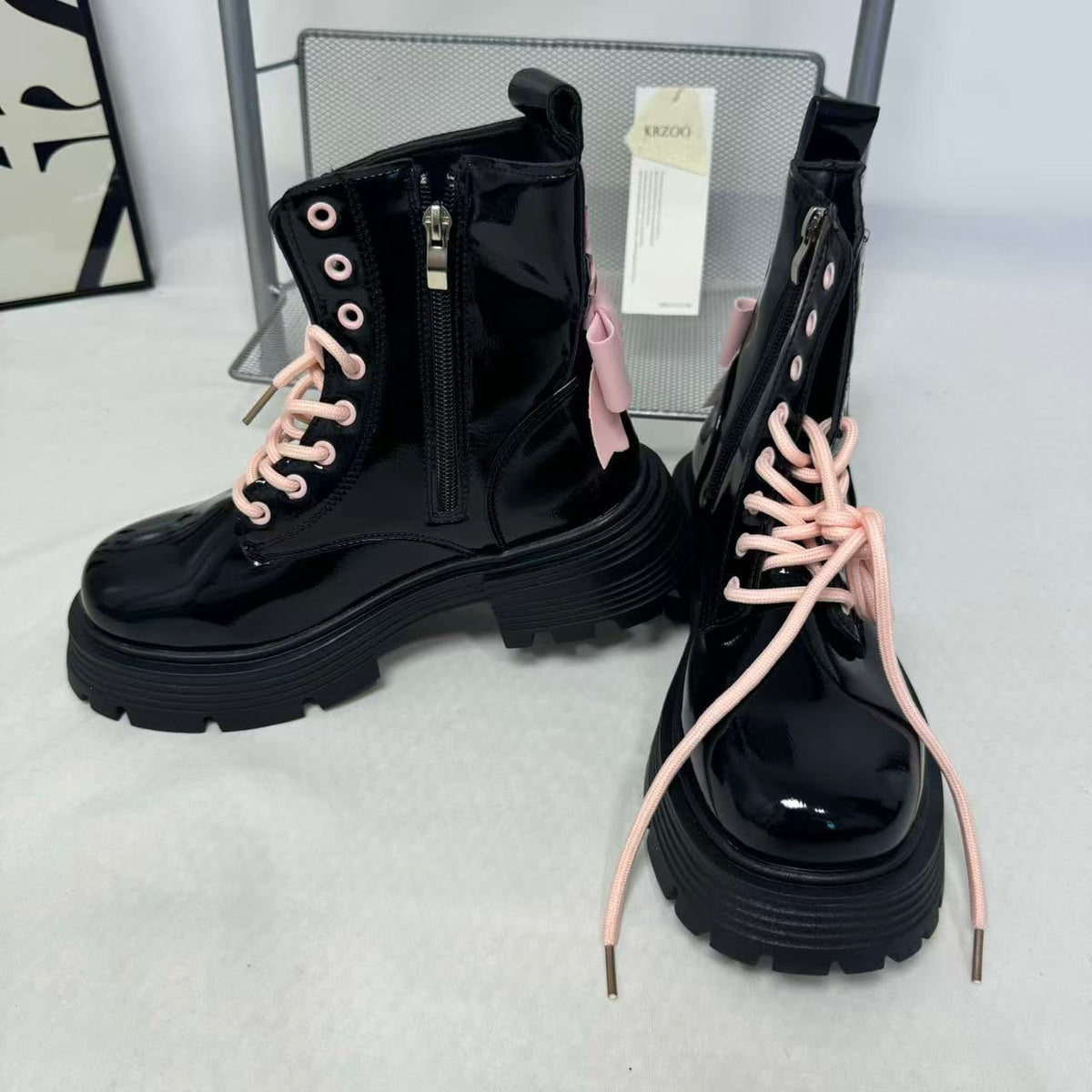 Pink bow leather boots