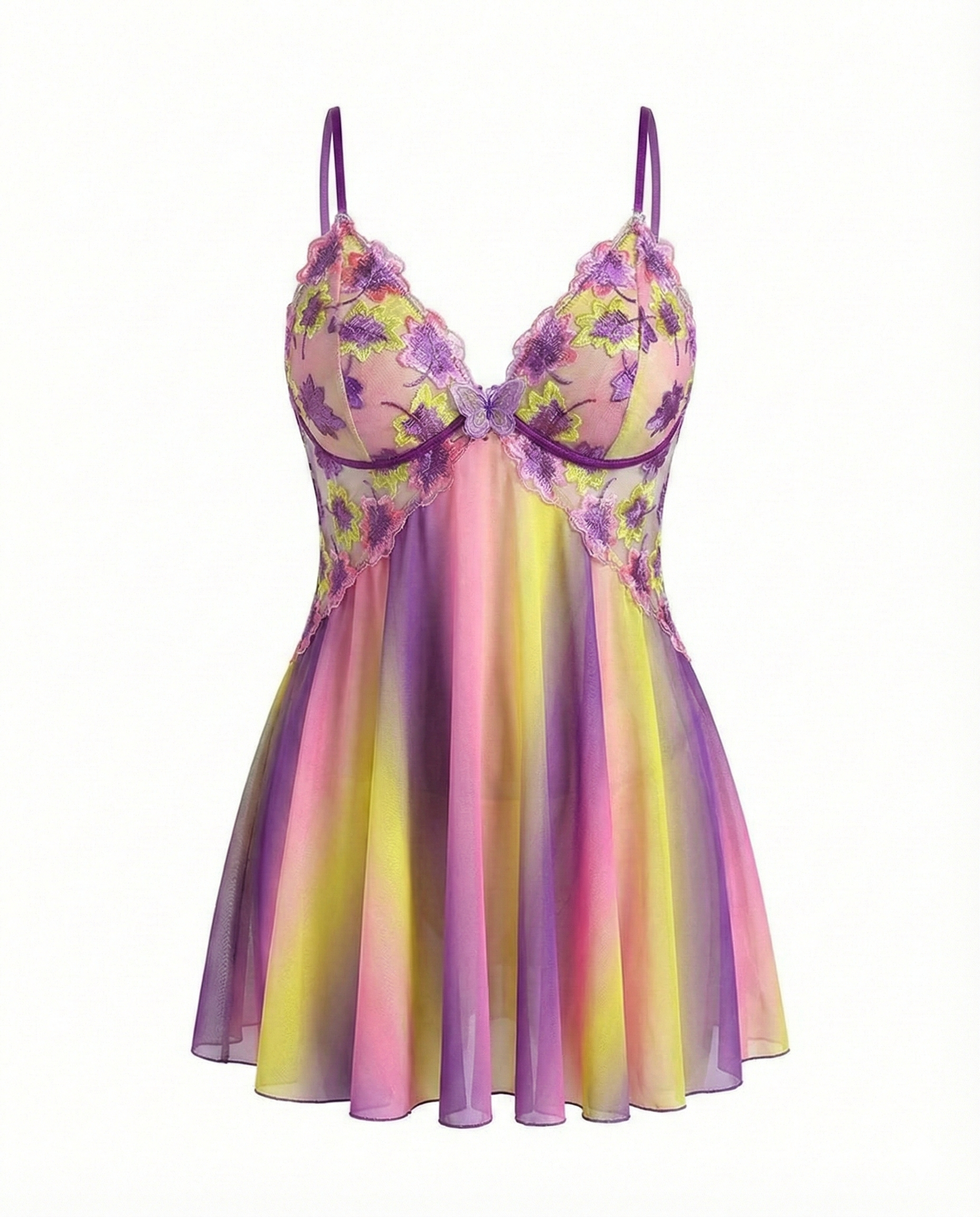 Plus Size Rainbow Ombre Camisole Nightgown â€?Backless & Floral Mesh Design