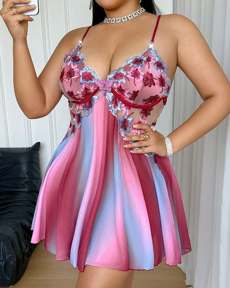 Plus Size Rainbow Ombre Camisole Nightgown â€?Backless & Floral Mesh Design